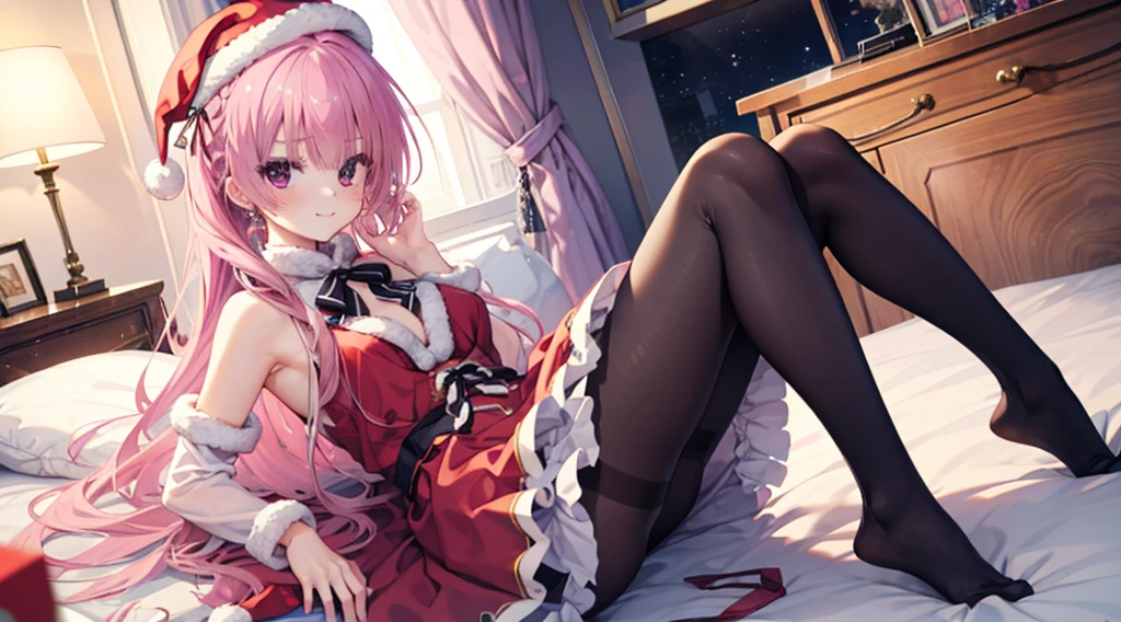 one-girl,soio,170cm height,45CM bust,A pink-haired,Purple eye,the night,gentleness,ssmile, Extremely detailed, Wearing miniskirt Santa Claus costume, Santa Claus costume with warm fur,In the bedroom,((lacepantyhose)),black glove,With bare arms,mitsukasa ayase