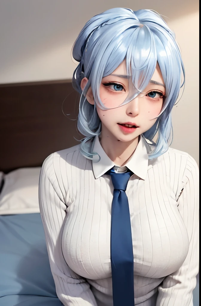 masterpiece, (photorealistic:1.4), best quality, beautiful lighting,
(ulzzang-6500:0.5), makima \(Re:zero\), (blue hair)+(short braided hair)+(bangs), blue eyes, blue eyes, ((love eyes)), (white shirt), (necktie),
RAW photo, 8k uhd, film grain