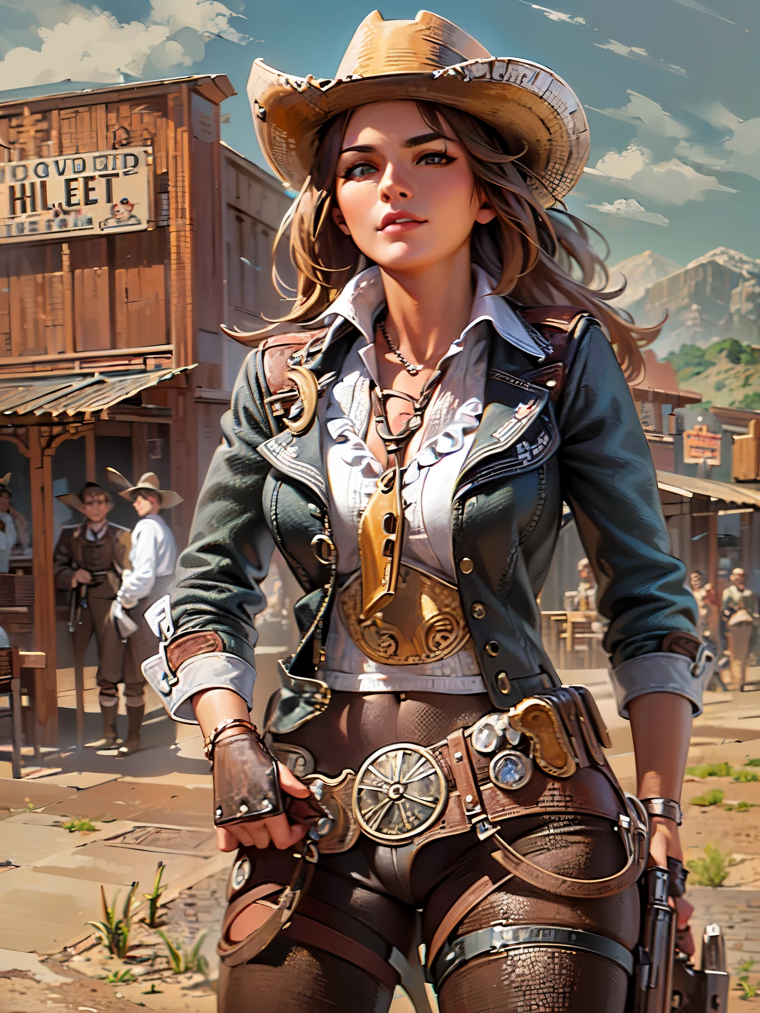 ((Finest quality)),(超A high resolution),(ultra-detailliert),(Meticulous portrayal),((Best CG)),(Finest works of art),Ultra-Precision Art,The art of astounding depiction,(Art with precise depiction in every detail:1.5),(Wild West:1.8), (one female gunman:1.7),confident grin:1.5,Beautiful and well-groomed face:1.6, gun muzzle pointed at viewer:1.8