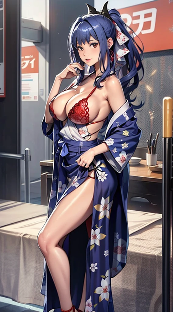 8K、quality、On a table、super high image quality、ultra - detailed、super beautiful、Ultra-realistic hair textures、anime illustration、Surreal sensibility、Whole body ESBIAN、mesmerizing looks、shave 、Off-the-shoulder blue yukata、Beutiful women, red eyes、Skin glows、Very huge、Red lace breasts are super big、Skin glows 、Clean the skin、Japanese style room with daytime background,Big breasted 1.5,Be red in the face,