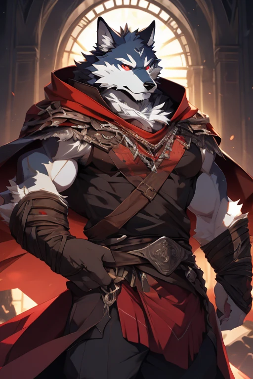 (ultimate death wolf) best quality, ultra high res,1furry boy， solo，detailed eyes, volumetric lighting, amazing, finely detail, cowboy shot, cloak , white fur, red eyes, white sclera, bright pupils, bright atmosphere, muscular, upper body, from below (remake)