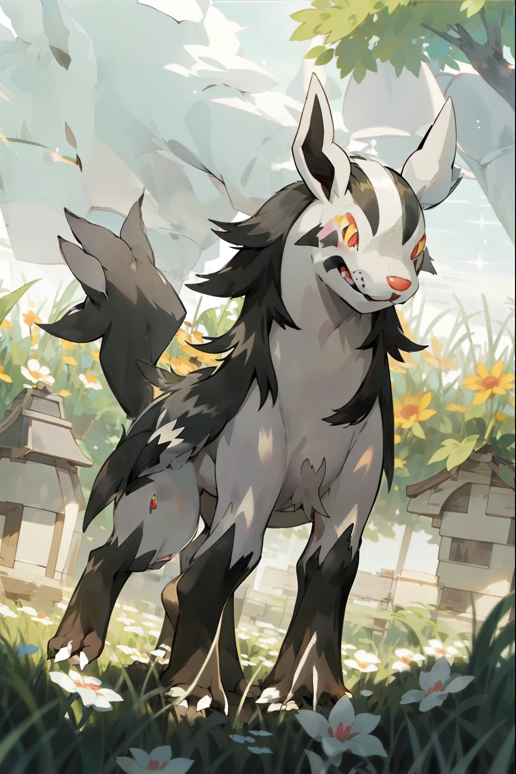 Mightyena、Graena、flower  field、grass field、cute little、Tiere、A pokémon、Graena、depth of fields, Perfect Lighting, lightest particle quality),(masutepiece),light Particle,  rainbows, ,  blush, Smile, Solo, Furry, animal、Sunlight,