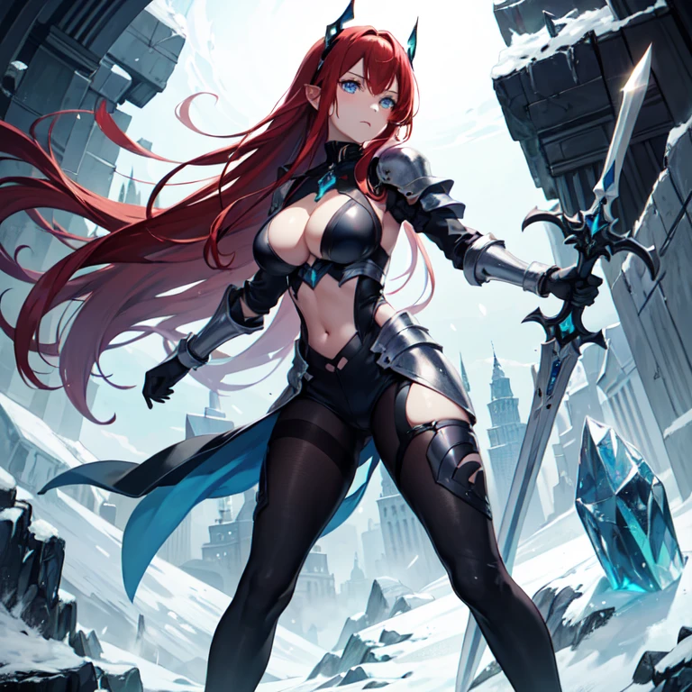 A long red hair，Girl with crystal blue eyes，She wore a tights that looked like a combat suit，Places such as wrists and knees are hard-looking armor，face expressionless，There is no emotion in the eyes，Icy cold, A long black sword，A long white sword, exposed belly big boobs