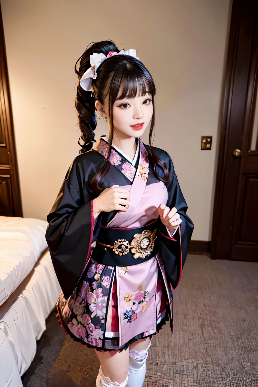 （in 8K, Best Quality, masutepiece:1.2)、超A high resolution、A beautiful and elegant 20 year old woman,glossy dark hair,Detailed fingers,elaborate costume,Luxury kimono,mini length black kimono,detailed embroidery,lots of lace,BREAK,Background of details(Western-style room) ,Captivate your audience,a smile,pink rip,eye shadow light purple,red lips,blunt bangs,up hair,****ta fashion,bow ribbon,Head dress、white lace short socks,is standing、Cinema Lighting