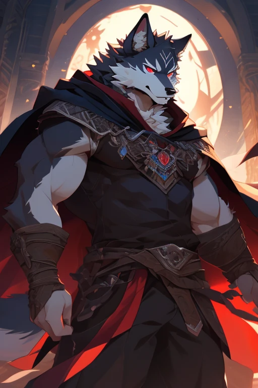 (ultimate death wolf) best quality, ultra high res,1furry boy, solo,detailed eyes, volumetric lighting, amazing, finely detail, cowboy shot, cloak , white fur, red eyes, white sclera, bright pupils, bright atmosphere, muscular, upper body, from below (remake)