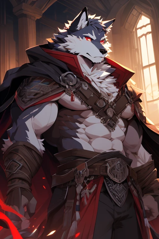 (ultimate death wolf) best quality, ultra high res,1furry boy, solo,detailed eyes, volumetric lighting, amazing, finely detail, cowboy shot, cloak , white fur, red eyes, white sclera, bright pupils, bright atmosphere, muscular, upper body, from below (remake)