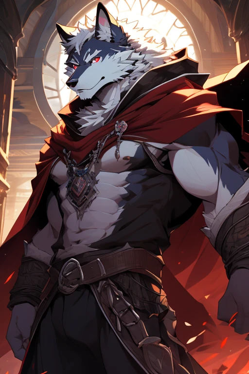 (ultimate death wolf) best quality, ultra high res,1furry boy, solo,detailed eyes, volumetric lighting, amazing, finely detail, cowboy shot, cloak , white fur, red eyes, white sclera, bright pupils, bright atmosphere, muscular, upper body, from below (remake)
