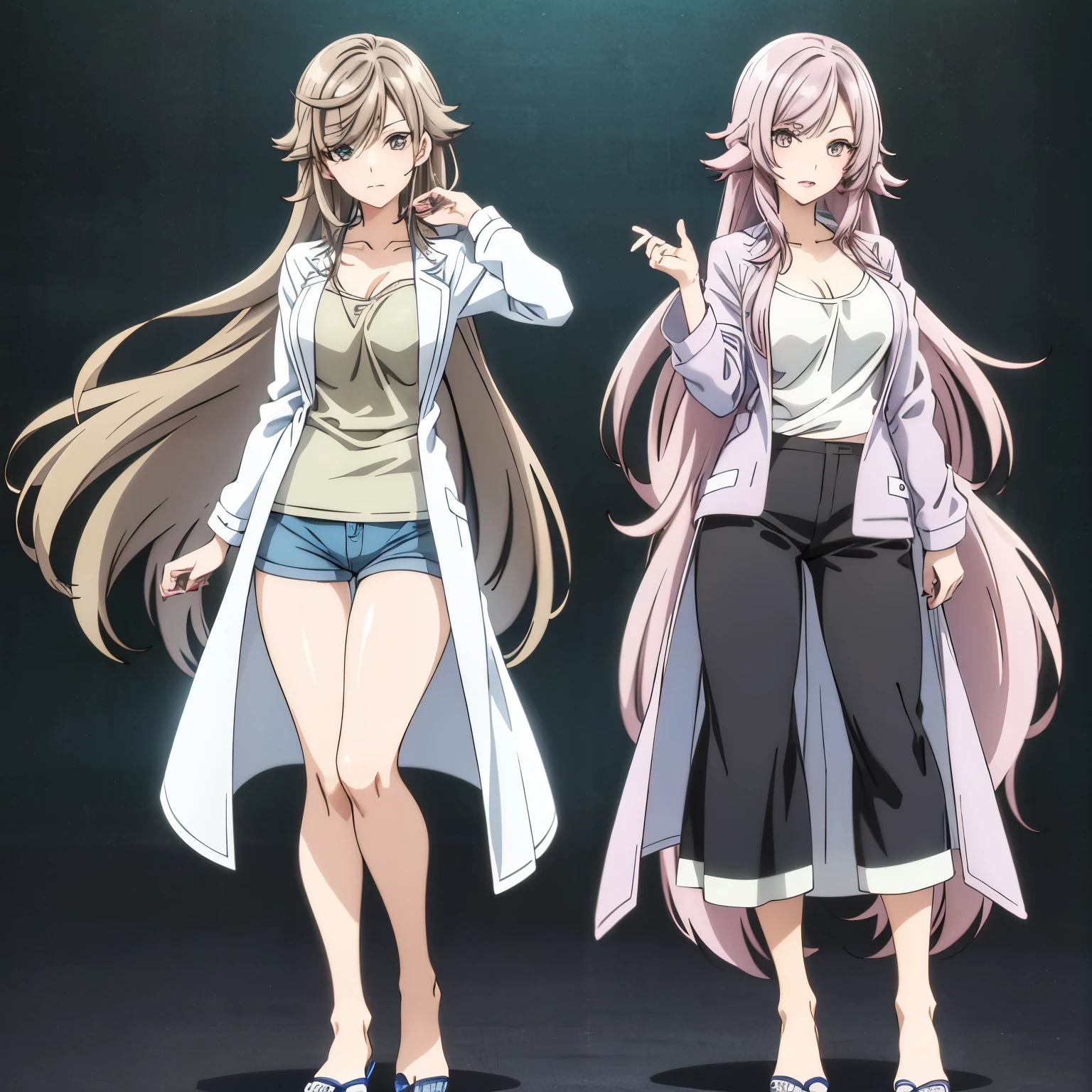 a mature girl with long brown hair and green eyes wearing a white lab coat and black shirt, blue shorts, mature, anime style, anime girl, anime mature anime girl, advanced digital art, !!full body portrait!!, inspired by Taiyō Matsumoto, inspired by Sakai Hōitsu, anime art, character adoptable, full body adoptable, full body!, anime style character