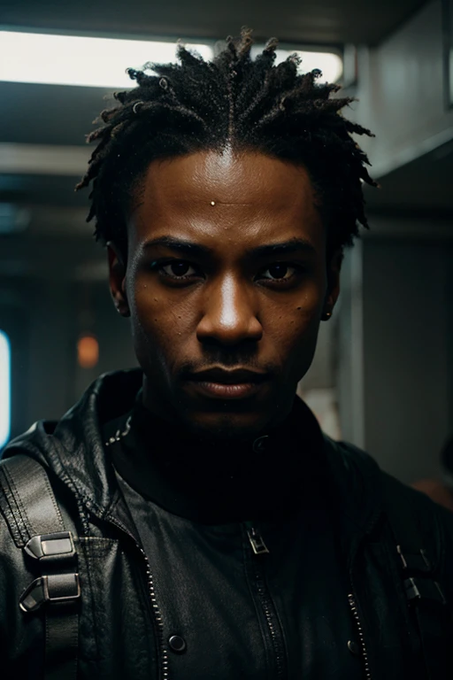 create an black male in cyberpunk style with technological eyes