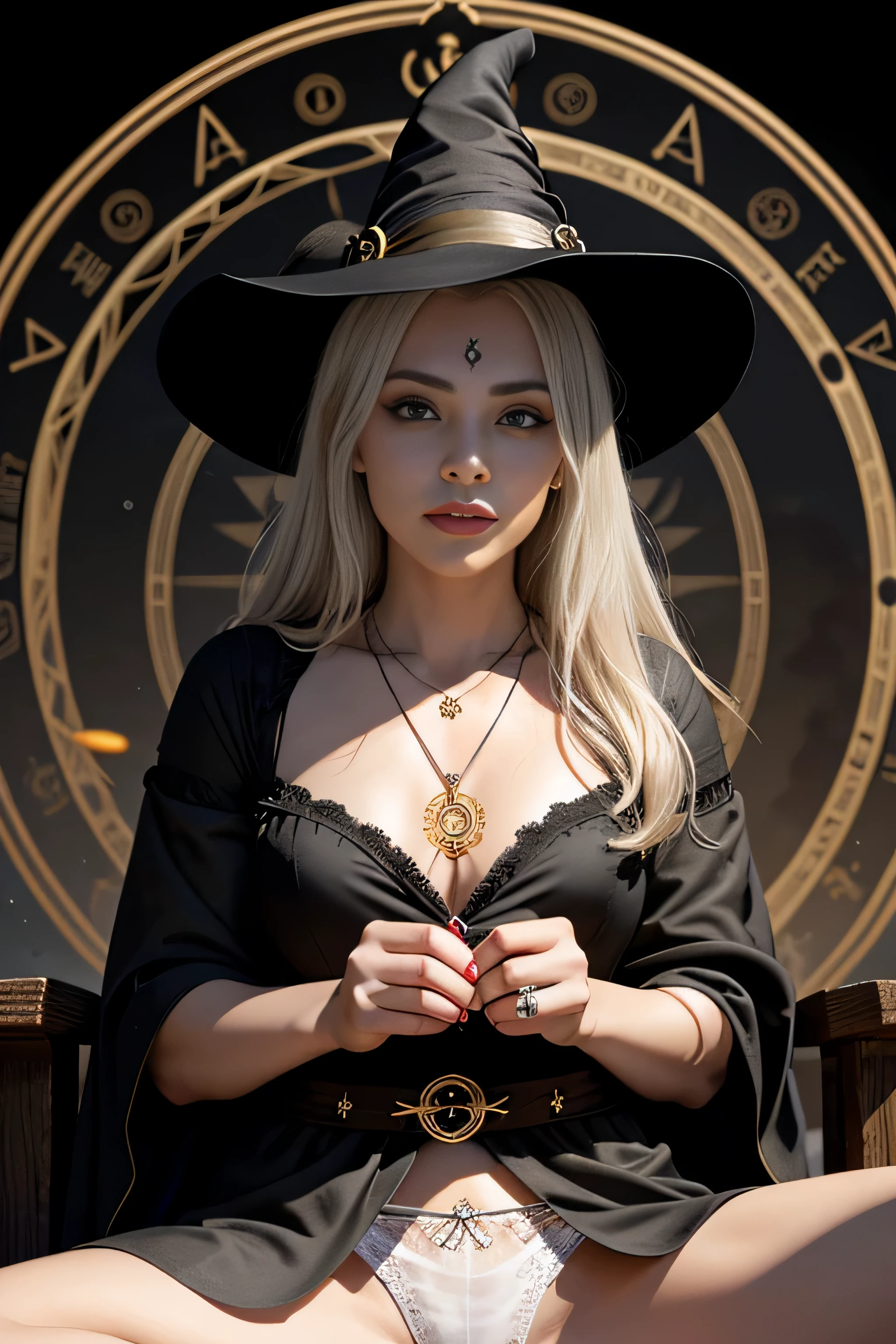 ((medieval world)), (beauitful face:2)、(A detailed face:1.3)、(A detailed eye)、(Detailed nose)、(Detailed lips)、(The witch's old black hat:1.8), (young beautiful witch in a dress:1.8), (Dressing:1.3)、(sitting in a magic chair:1.5)、(Her body is facing this way:1.2)、(with spreading legs:1.8)、(Showing white panties:1.8)、Beautiful Finger、(Unleash magic from your fingertips:1.3)、Shining majestic lightning storm cloud mass and sky, halo optical phenomenon, Anti-Sacred Light, Twilight, Sunset, Dusk, (Dramatic light), (A majestic sight), (Golden hair)、(magic circle necklace:1.5), altar, Old ruins infested with plants, The Great Temple of the Devil, great cathedral, The Devil's Grand Shrine, (A magic circle of ominous brilliance:1.6), crumbling ruins, ancient ruin, Faded, Cinematic, ((Neutral colors))、(Intricate details:1.1), Complex background