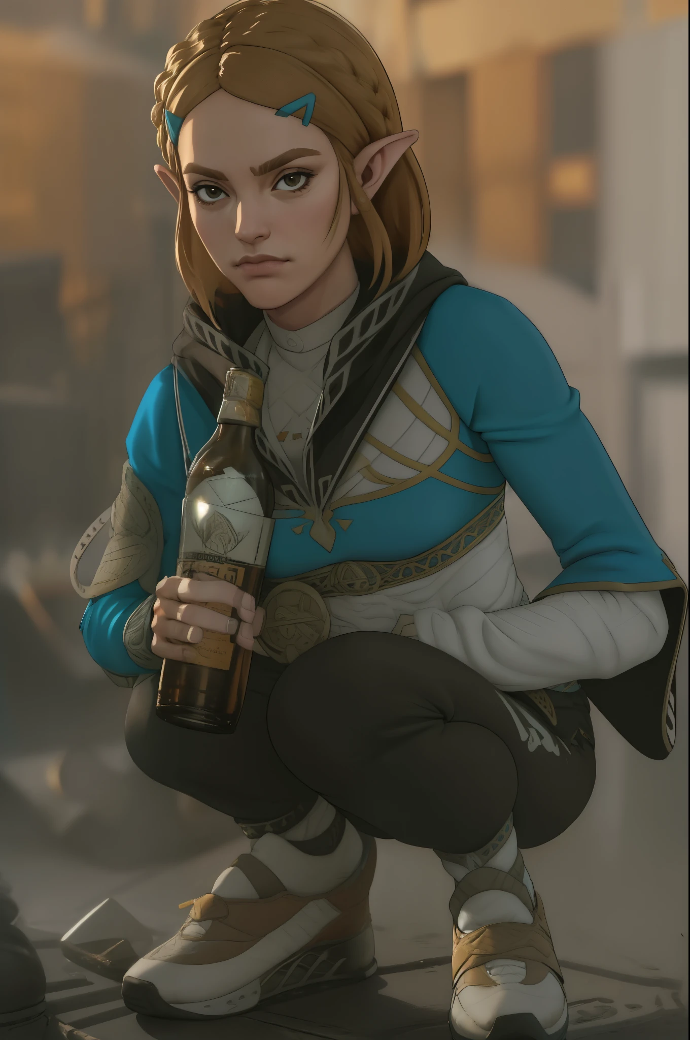 (best quality,ultra-detailed,realistic:1.37), a very confidant badass arrogant cocky boss attitude pricess zelda, nintendo, the legend of zelda, botw chav wearing adidas tracksuit slav squatting with both of her hands in her pants pockets with a mean face with a bottle of whisky next to her