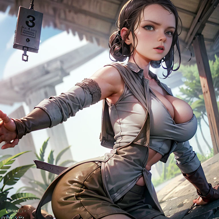 Rey star wars, ultra realistic, overflowing breasts, big thighs, she is looking at her own ass, ripped clothes, huge breasts, red eyes, smile, she has one of her hands on her own ass, her other hand is on her own boob, round butt, in a desert hut, tight clothes, erect, slim, focus side angle