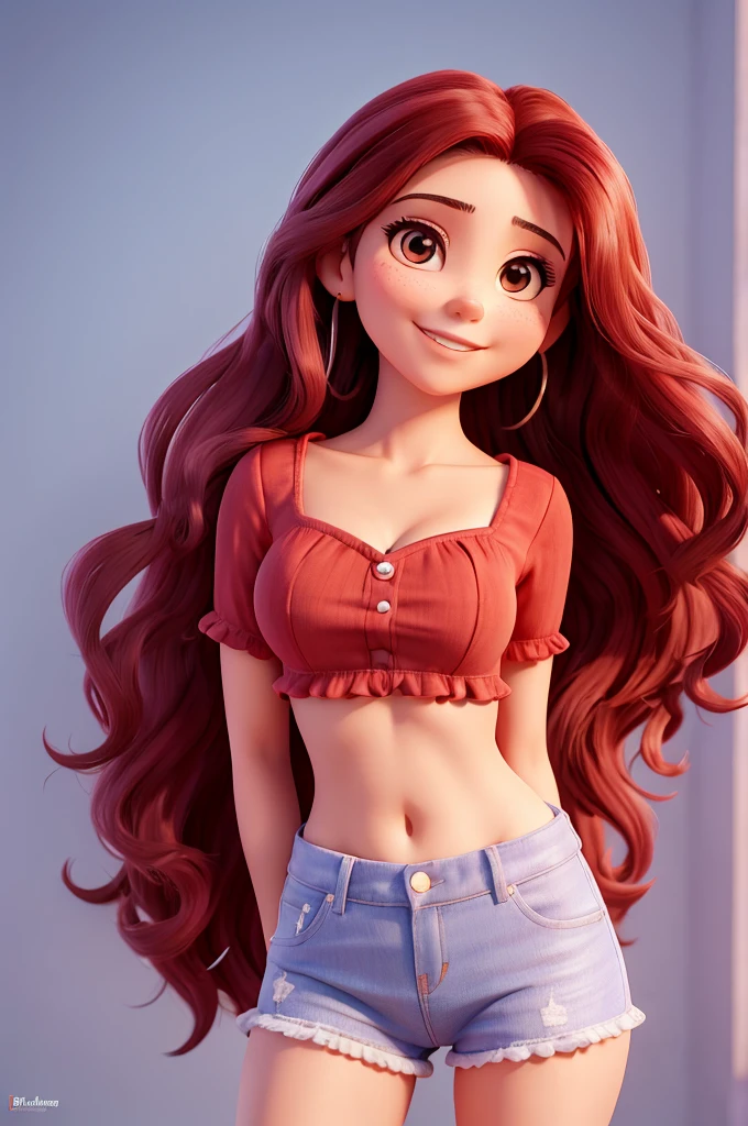 Un primer plano de cuerpo completo, with small red pour ,of a long haired woman smiling at the camera, lorena avarez, 19 year old girl, Cindy Avelino, selena quintanilla perez, foto filtrada, facebook (In English) (In English), Violeta Myers, #tendencias, alanis guillen, estefania villegas burgos, Karla Ortiz, Imagen filtrada, Pp, actriz, 1 8 yo