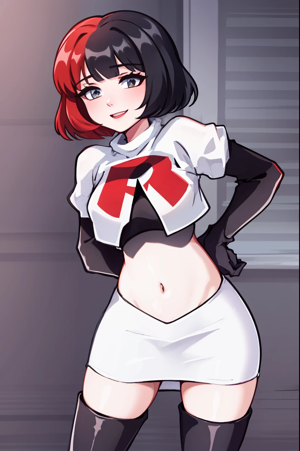 muff, red hair, black hair, multicolored hair, short hair, team rocket,team rocket uniform,white skirt,red letter R,crop top,black thigh-high boots,black elbow gloves,
