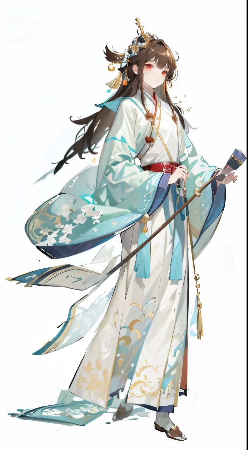 tmasterpiece，Best quality at best，1 young person，18yr old，Handsome， ancient Chinese costume， Stand and draw the whole body，Light brown hair，big red eyes，white  clothes,(Hanfu, Ming style) rays of sunshine， Clear face， Clean white background， tmasterpiece， super detailing， Epic work， hyper HD， high high quality， The content is very detailed， offcial art， Unity8k wallpaper， super detailing， 32K