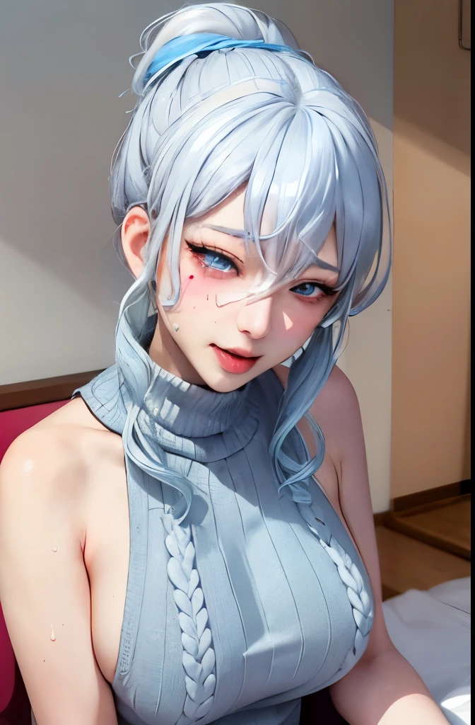 suggestive:1.3), (corruption), Lady, 1Yukino, (White shirt and tie), Silver hair, Blue eyes, blush, Upper body, (Ahegao:1.1),(Naughty face), 鎖骨, trembling, Sweat, Sweatdrop, heart mark, Skindentation, (Crazy:1.3), (SPEEDLINE), (At home) , in bed、Virgin killer sweater dress