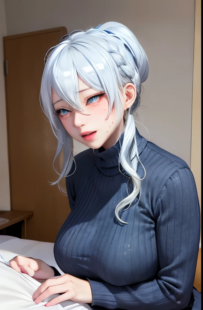 suggestive:1.3), (corruption), Lady, 1Yukino, (White shirt and tie), Silver hair, Blue eyes, blush, Upper body, (Ahegao:1.1),(Naughty face), 鎖骨, trembling, Sweat, Sweatdrop, heart mark, Skindentation, (Crazy:1.3), (SPEEDLINE), (At home) , in bed、Virgin killer sweater dress