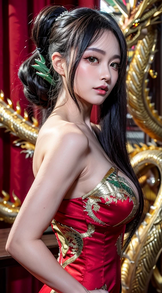 masterpiece, best quality, 8k, hires, detailed, 1girl, ,detailed skin texture,black hair,long hair,pony tail,huge breast body, detailed face, cute face, young face, pure face,detailed china dreess,(red dress,gold dragon pattern,sexy deep sislit,short length:1.3), (green shenron in the background:1.3),happy new year,