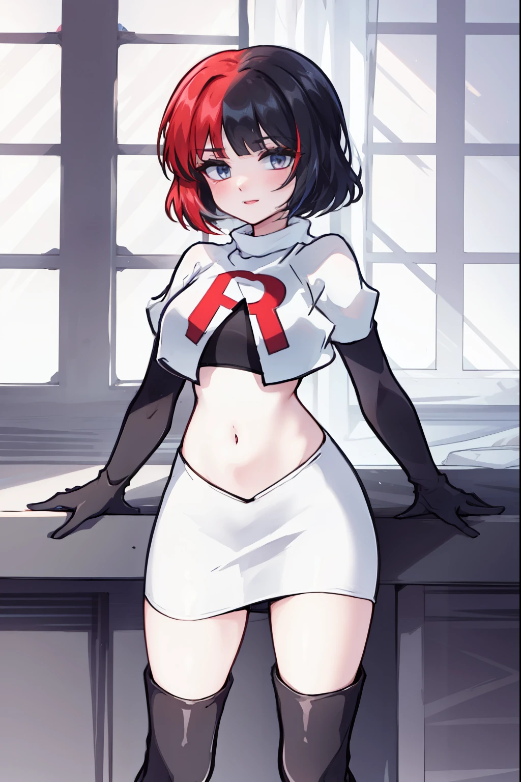 muff, red hair, black hair, multicolored hair, short hair, team rocket,team rocket uniform,white skirt,red letter R,crop top,black thigh-high boots,black elbow gloves,