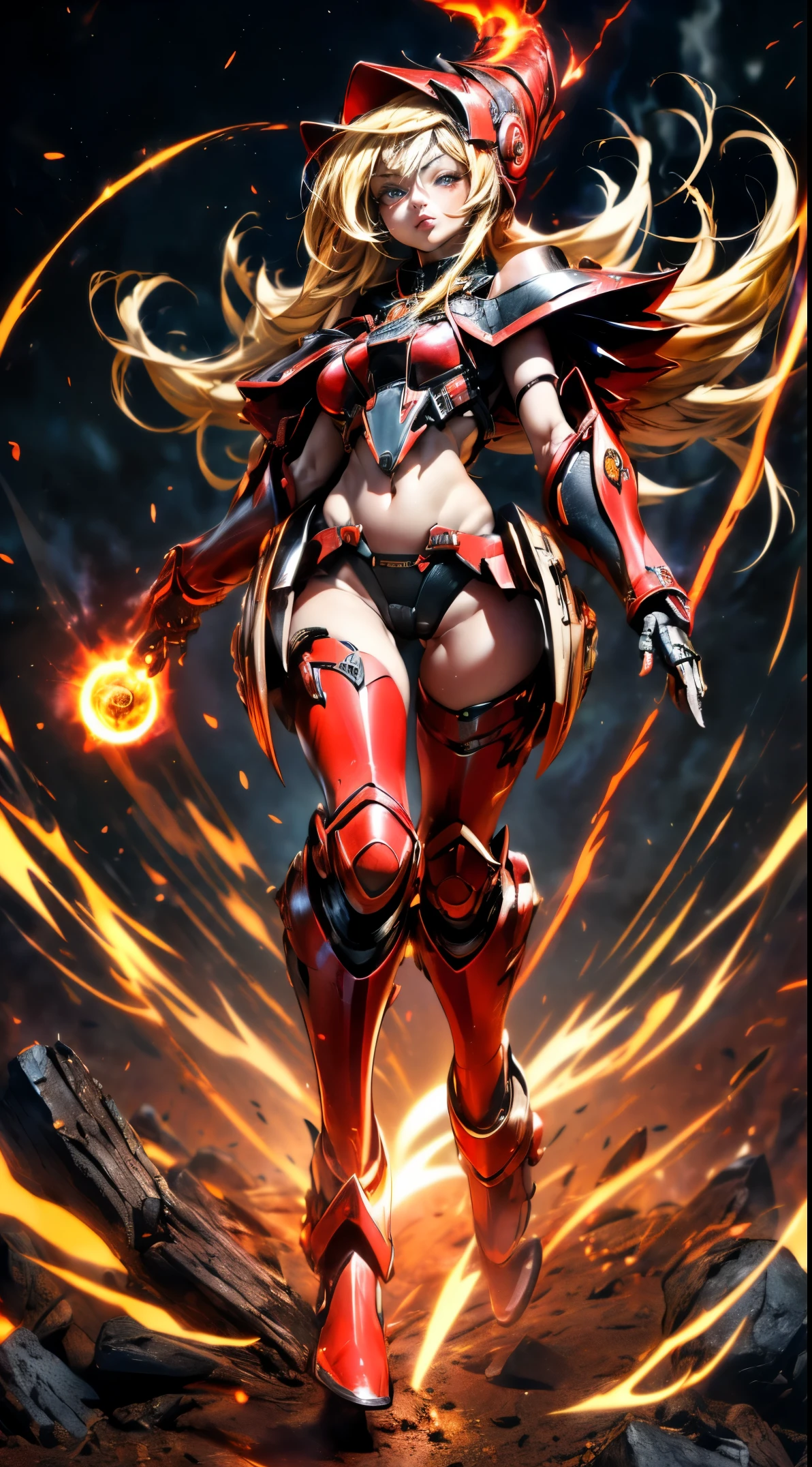 (Masutepiece,extremadamente detallado, Mechas pesadas, superficie dura),(Arte conceptual:1.1),(shielded core style:0.8), A woman in robo ninja armor is standing.,(cuerpo rojo:1.1),(patas largas:1.1),(Equipado con sable y cadena.:1.1),(Un ojo detallado:1.3),(Una cara detallada:1.3),(Armas detalladas:1.3),(Cuerpo detallado:1.3),((cuerpo completosbian:1.5)),(The background is a crimson flame.:1.5),realista