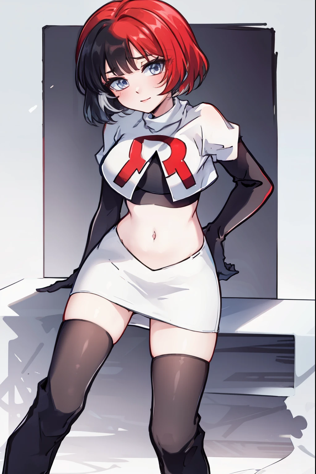 muff, red hair, black hair, multicolored hair, short hair, team rocket,team rocket uniform,white skirt,red letter R,crop top,black thigh-high boots,black elbow gloves,