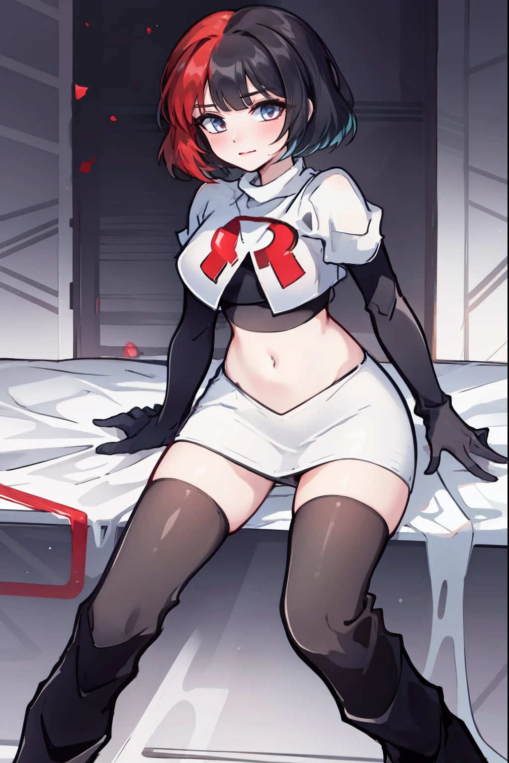 muff, red hair, black hair, multicolored hair, short hair, team rocket,team rocket uniform,white skirt,red letter R,crop top,black thigh-high boots,black elbow gloves,