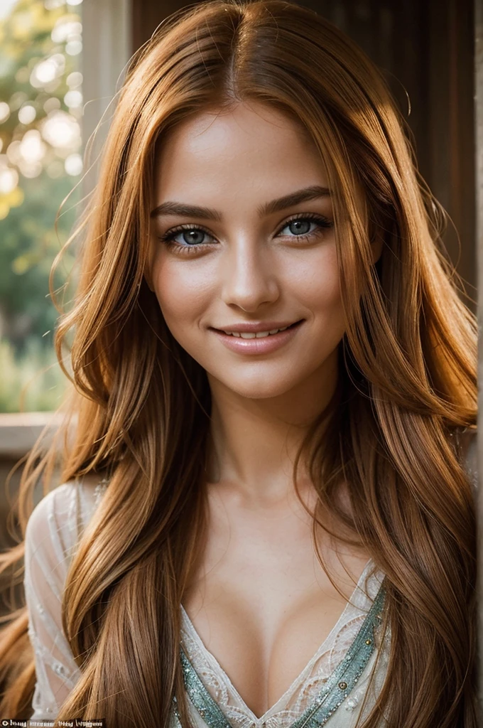 A cute, radiant and blissful woman, her long, flowing orange hair cascades beautifully, complementing her mesmerizing grey eyes and glossy lips. With an expression of pure joy and contentment, she radiates warmth as she gazes affectionately into the camera. The sun illuminates her face, enhancing her beauty and adding a touch of golden glow to the scene. This captivating photograph captures a moment of sheer happiness, immersing viewers in the vibrant energy of the image. The impeccable quality of the photograph highlights every intricate detail, it a truly exquisite portrait.