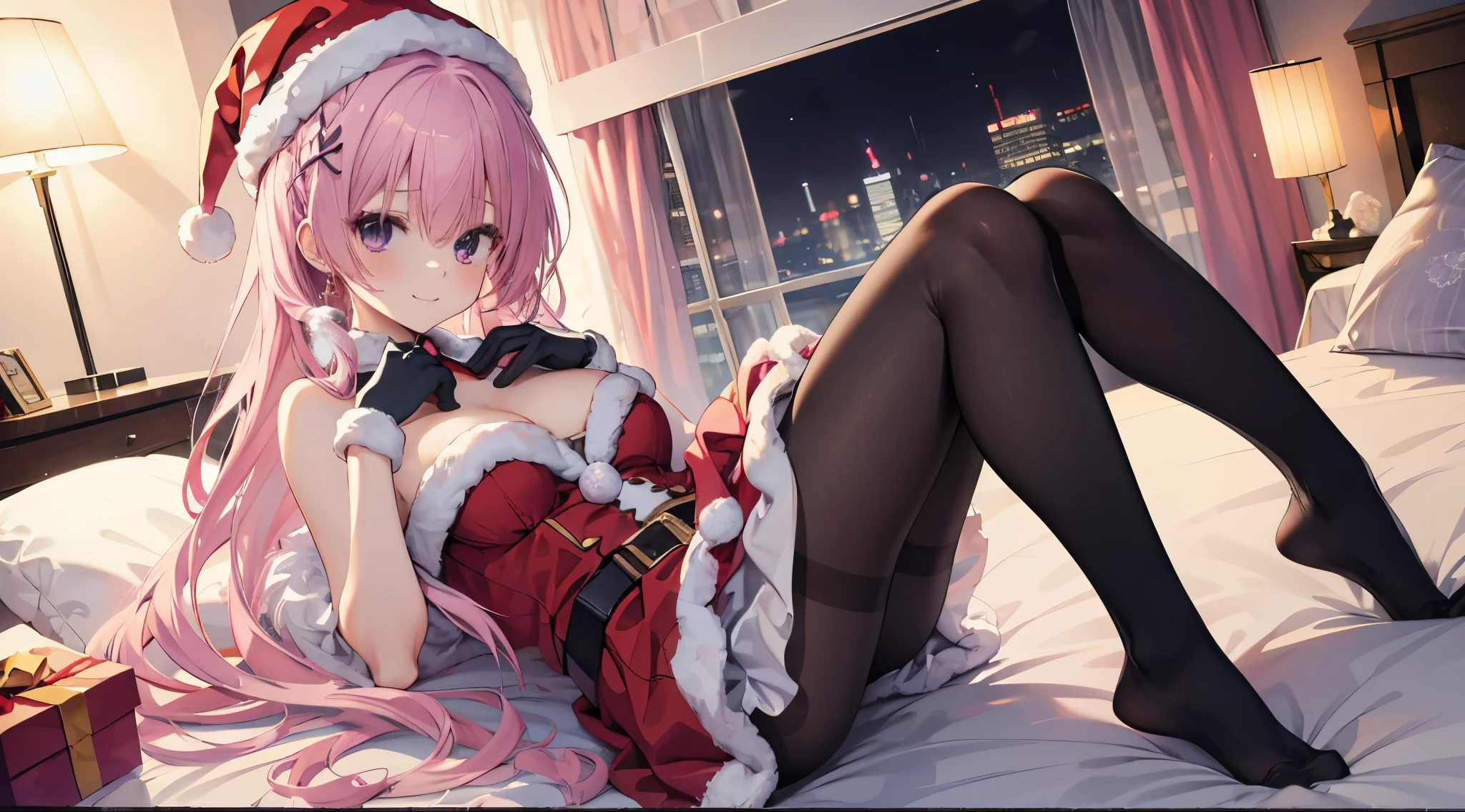 one-girl，soio，170cm height，45CM bust，A pink-haired，Purple eye，the night，gentleness，ssmile， Extremely detailed, Wearing miniskirt Santa Claus costume, Santa Claus costume with warm fur,In the bedroom，((lacepantyhose))，black glove，With bare arms，mitsukasa ayase