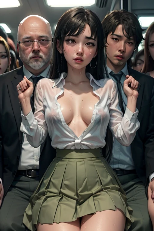 crowded train, girl as yukino yukinoshita, fat bald man hugging her from the front talking with mouth and lifting her legs, black sexy lingerie,, pubic hair visible, 40k, photo, masterpiece, best quality, dark grey background, (with one girl's immediately open legs with very small breasts, an elderly man leans on her from the front and picks her up and does different poses, Blushing, troubled eyebrows, rough breath, clenched teeth, burning face, heart pupils, sweaty, full body wet, black hair, long hair, knee bending, reluctance, watery eyes, (small breasts:1.1), soaked, small, slender, white shirt, tie, pants visible through short pleated skirt, slouch, slender, (short pleated skirt:1.5), slouching, hands on chest, crotch open, lewd, kissing, hugging, tongue sucking, legs tangled around hips, cowboy shot, touching very small breasts, hands on the crotch, breastapart, (ahegao, rolling eyes:1.5)