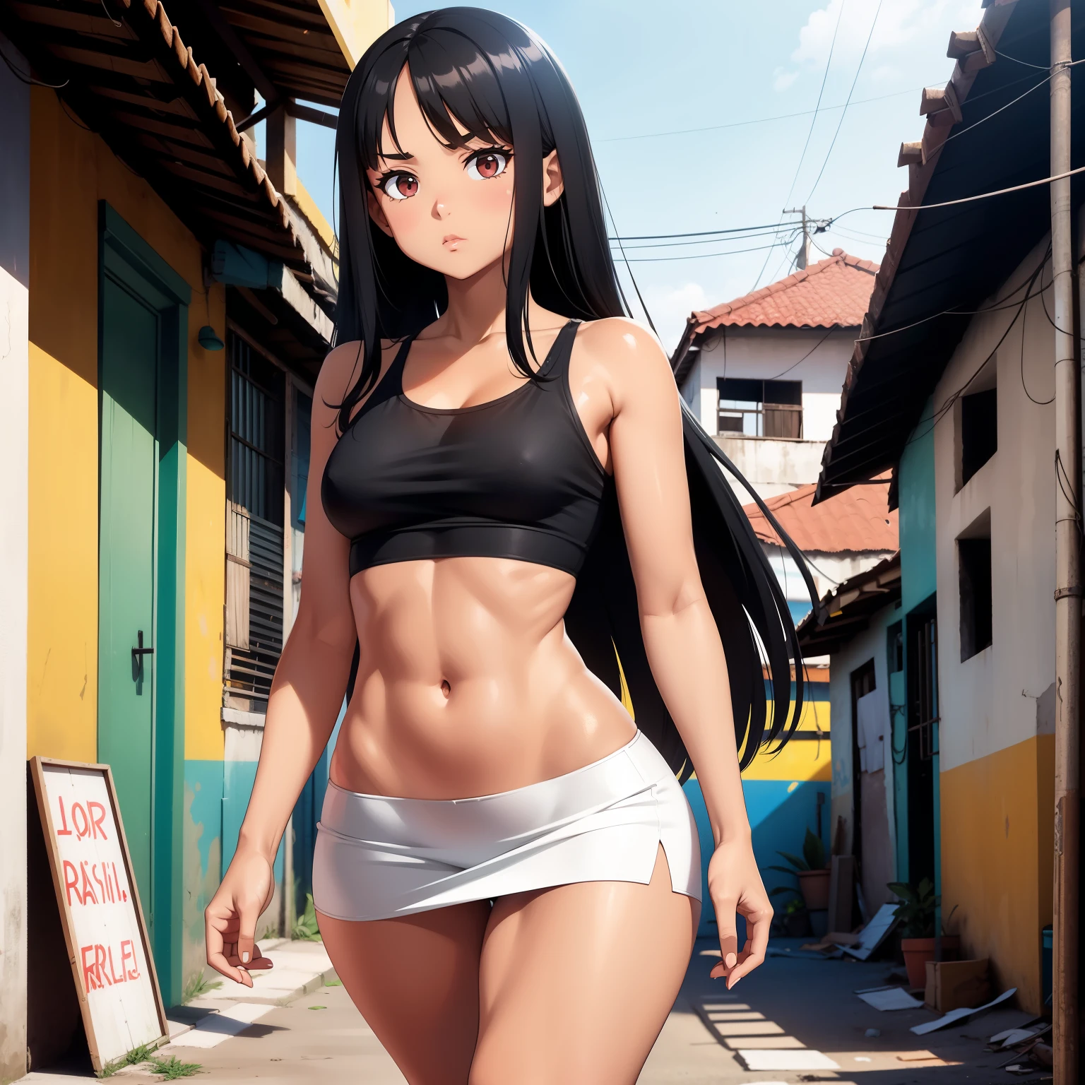 Brazilian girl, tanned skin, long black hair, white crop top, black mini skirt, visible navel, small breasts, straight breasts, flat breasts, thin waist, thick legs, disproportionate thighs, walking in a favela, cinematic lighting