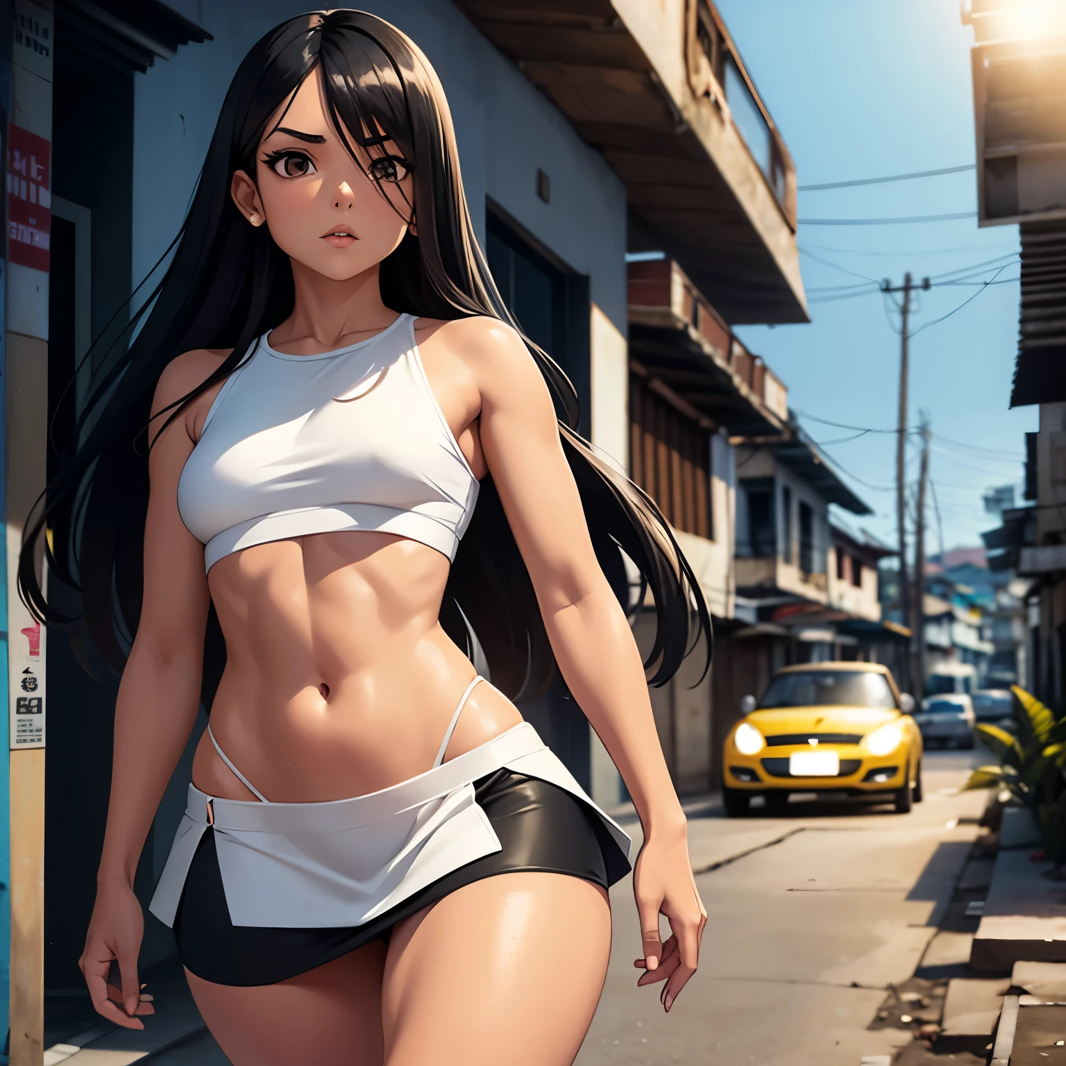 Brazilian girl, tanned skin, long black hair, white crop top, black mini skirt, visible navel, small breasts, straight breasts, flat breasts, thin waist, thick legs, disproportionate thighs, walking in a favela, cinematic lighting