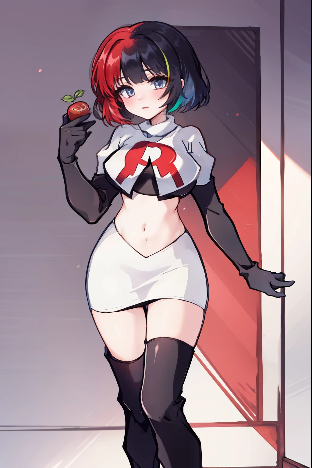 muff, red hair, black hair, multicolored hair, short hair, team rocket,team rocket uniform,white skirt,red letter R,crop top,black thigh-high boots,black elbow gloves,