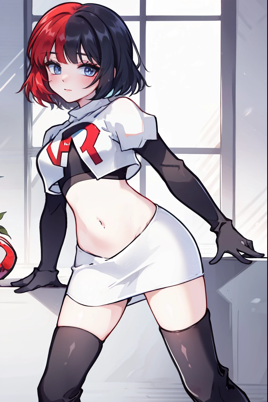 muff, red hair, black hair, multicolored hair, short hair, team rocket,team rocket uniform,white skirt,red letter R,crop top,black thigh-high boots,black elbow gloves,