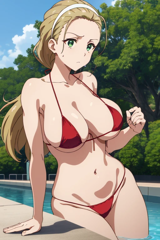 (masterpiece, top-quality, detaile, hight resolution, extremely delicate and beautiful, anime screen cap, anime colours), akebi sasaki, hairband, 1girl, dark green eyes, (red Micro Bikini:1.3), (huge drooping breasts:1.5), (Leaning forward:1.8, front view:1.5), (cleavage:1.5, Hands down, Upper body:1.5, breast focus), (Beauty details of breasts and eyes, Shiny skin), in poolside, Sweat