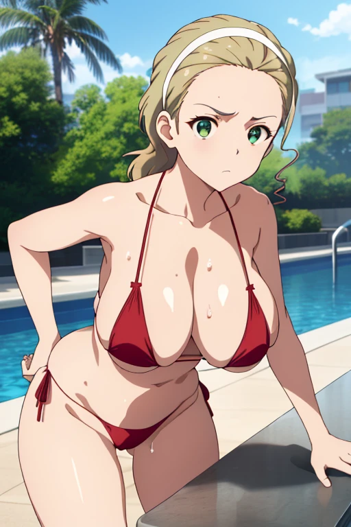 (​masterpiece, top-quality, detaile, hight resolution, extremely delicate and beautiful, anime screen cap, anime colours), akebi sasaki, hairband, 1girl, dark green eyes, (red Micro Bikini:1.3), (huge drooping breasts:1.5), (Leaning forward:1.8, front view:1.5), (cleavage:1.5, Hands down, Upper body:1.5, breast focus), (Beauty details of breasts and eyes, Shiny skin), in poolside, Sweat