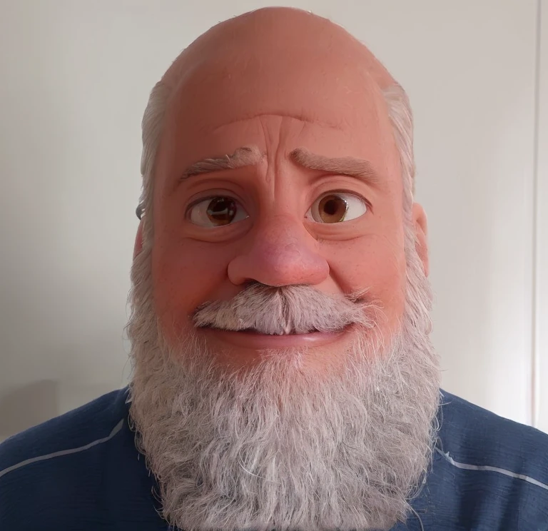 ((best quality)), ((work of art)), (detailed), perfect face, olderman,50 years,short beard,no hair, bald,small, short beard, soft blue eyes smooth wrinkles on the face,eyes closing slowly, hair,wearing a cap, mechanic uniform, white dress shirt, jeans