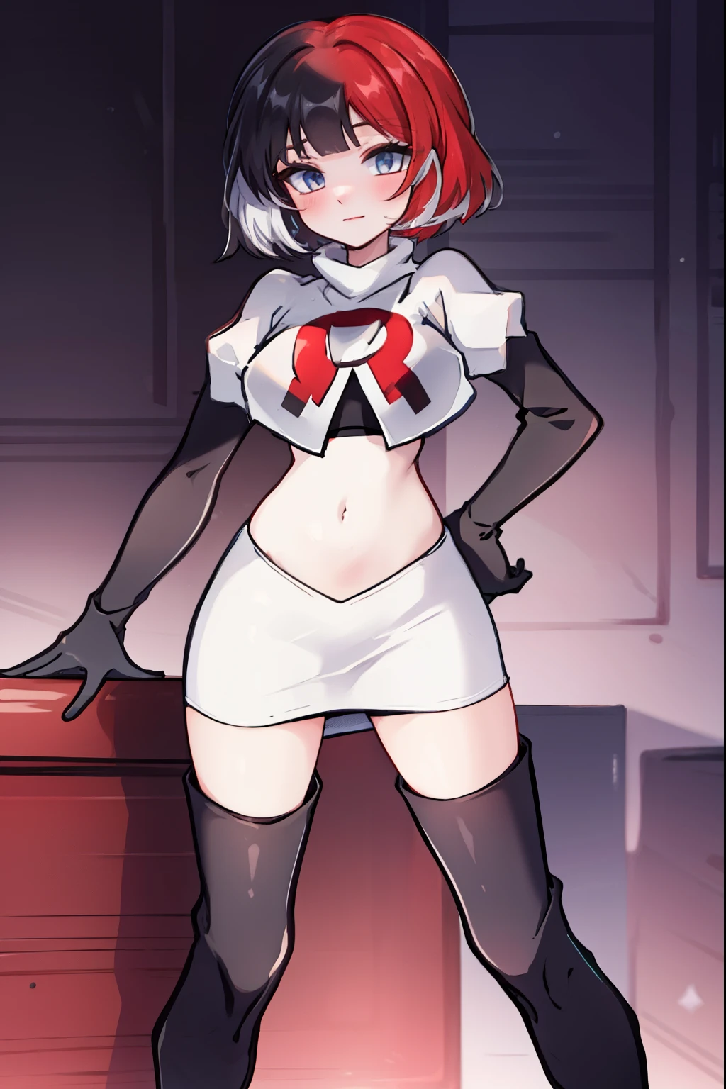 muff, red hair, black hair, multicolored hair, short hair, team rocket,team rocket uniform,white skirt,red letter R,crop top,black thigh-high boots,black elbow gloves,