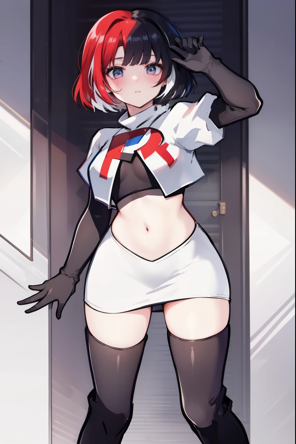 muff, red hair, black hair, multicolored hair, short hair, team rocket,team rocket uniform,white skirt,red letter R,crop top,black thigh-high boots,black elbow gloves,