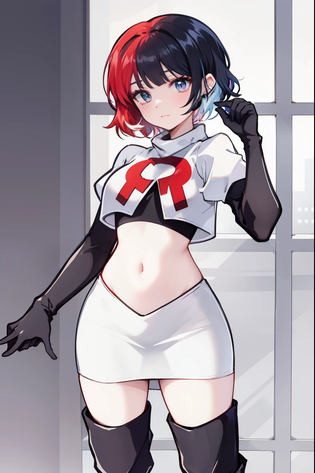 muff, red hair, black hair, multicolored hair, short hair, team rocket,team rocket uniform,white skirt,red letter R,crop top,black thigh-high boots,black elbow gloves,