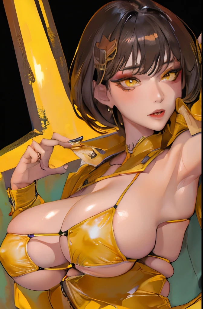 Detailed outfit and background、Detailed people、detailed facial expression、detailed face and eyes、Realistic texture、masutepiece, Best Quality, 1girl in, Solo, Anise Swim, Yellow eyes, Huge breasts, Orange jacket, off shoulders、Lying in a hotel bed、her seductive pose、(((Tecateca skin、Shiny skin、Oil skin、perspiring, Thick makeup))),