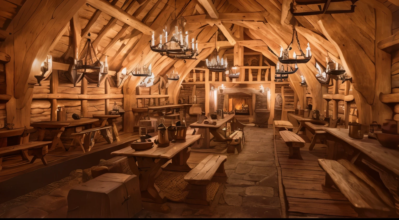 there is a room with wooden tables and benches in it, medieval tavern, viking with harlots are seated at the table in a medieval tavern at night, medieval cottage interior, in fantasy tavern near fireplace, fantasy tavern background, in medieval armoury, inside a tavern, a multidimensional cozy tavern, medieval setting, tavern background, longhouse, tavern, medieval feast, medieval house, dimly-lit cozy tavern