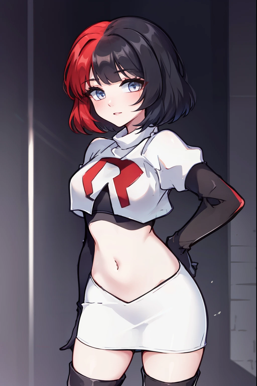 muff, red hair, black hair, multicolored hair, short hair, team rocket,team rocket uniform,white skirt,red letter R,crop top,black thigh-high boots,black elbow gloves,