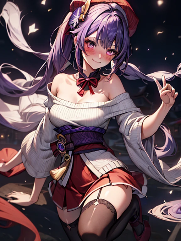((masutepiece, Best Quality, hight resolution, nw, Perfect Pixel, 4K)), 2girls, full body seen, ((Beautiful eyelashes, Realistic eyes)), ((Detailed face, Blushing:1.2)), ((Smooth texture:0.75, Realistic texture:0.65, Photorealistic:1.1, Anime CG style)), Dynamic Angle, Perfect body, ((Santa Claus Costume, Red knitted hat, red and white off shoulder sweater, red and white flared skirt, Black garter stockings, Shy smile)) BREAK raidenshogundef BREAK {keqing_genshin:1.15}, long_hair, purple_hair, purple_eyes, hair_bun, cone_hair_bun, twintails, bangs, double_bun, breasts, hair_ornament, blush, braid