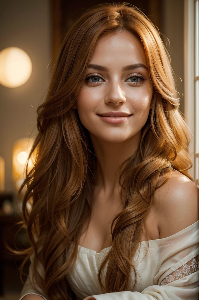 A cute, radiant and blissful woman, her long, flowing orange hair cascades beautifully, complementing her mesmerizing grey eyes and glossy lips. With an expression of pure joy and contentment, she radiates warmth as she gazes affectionately into the camera. The sun illuminates her face, enhancing her beauty and adding a touch of golden glow to the scene. This captivating photograph captures a moment of sheer happiness, immersing viewers in the vibrant energy of the image. The impeccable quality of the photograph highlights every intricate detail, it a truly exquisite portrait.