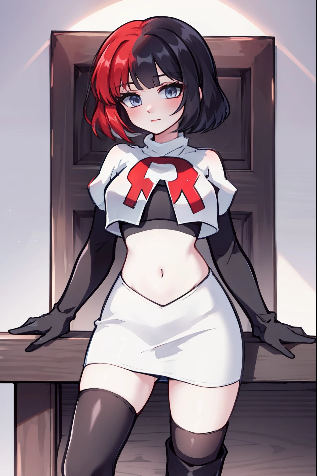 muff, red hair, black hair, multicolored hair, short hair, team rocket,team rocket uniform,white skirt,red letter R,crop top,black thigh-high boots,black elbow gloves,