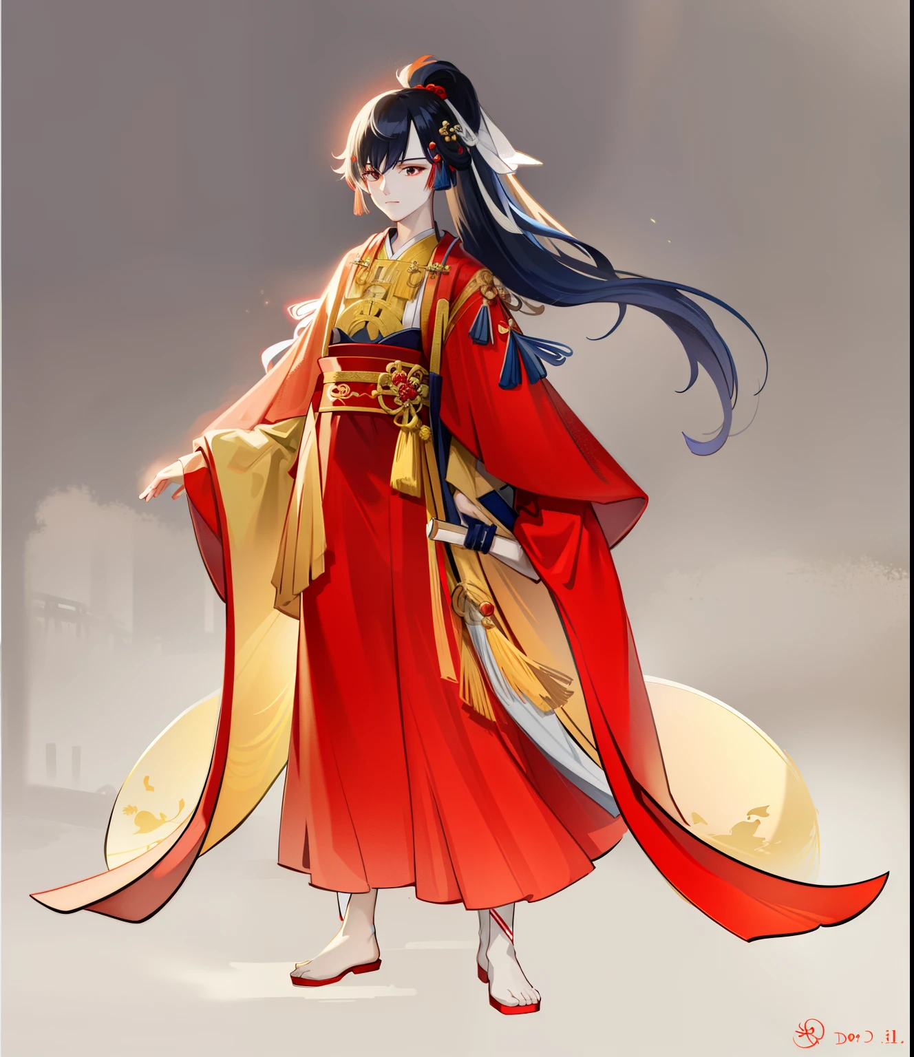 The man in the image of De wears a red, yellow and white Delei body.,Moon-themed costumes,Wear it for a long time, Fluent in body martial arts,Kurose Jinharu,palaces,A girl in Hanfu,Flowing magic robelowing hair and long robes,Onmyoji detail art,wearing a long flowing robe