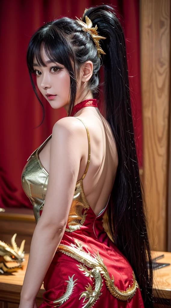 masterpiece, best quality, 8k, hires, detailed, 1girl, mature,detailed skin texture,black hair,long hair,pony tail,huge breast, half body, detailed face, cute face, young face, pure face,detailed china dreess,(red dress,gold dragon pattern,sexy deep side slit,short length:1.3), (green shenron in the background:1.3),happy new year,