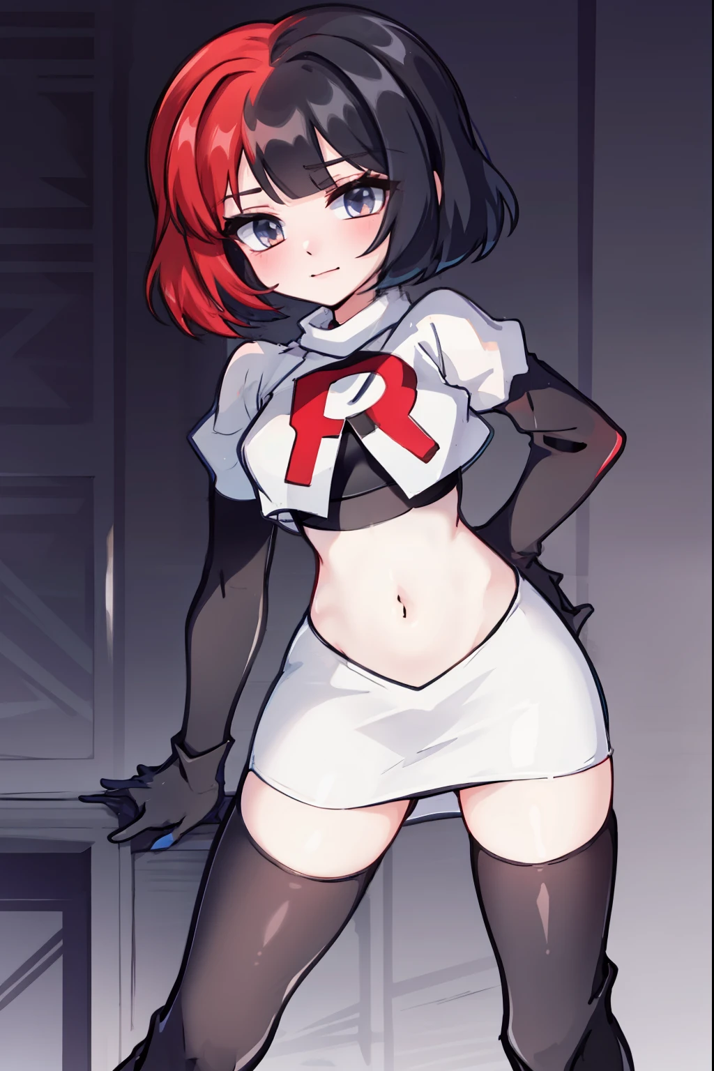 muff, red hair, black hair, multicolored hair, short hair, team rocket,team rocket uniform,white skirt,red letter R,crop top,black thigh-high boots,black elbow gloves,