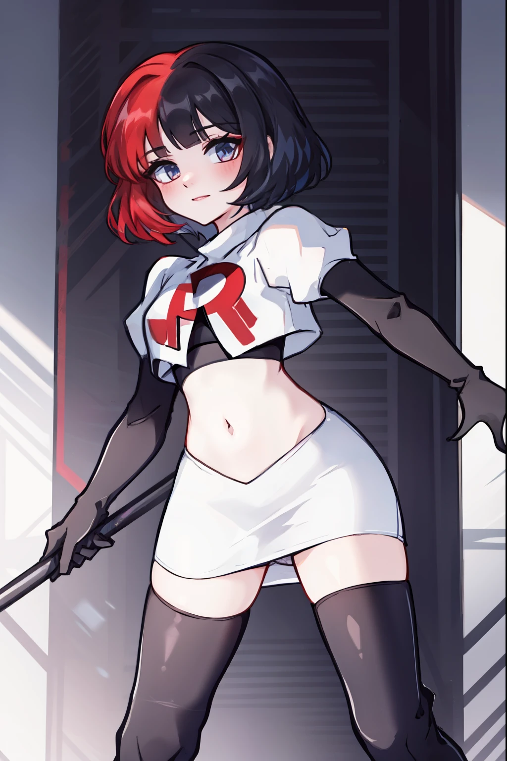 muff, red hair, black hair, multicolored hair, short hair, team rocket,team rocket uniform,white skirt,red letter R,crop top,black thigh-high boots,black elbow gloves,