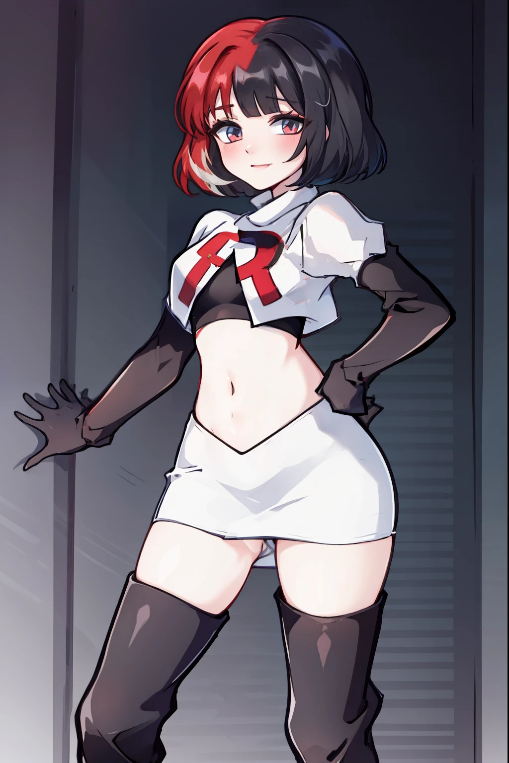muff, red hair, black hair, multicolored hair, short hair, team rocket,team rocket uniform,white skirt,red letter R,crop top,black thigh-high boots,black elbow gloves,